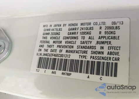 2014 Acura Tsx 2.4 из США, поврежденный, VIN JH4CU2F46EC001312